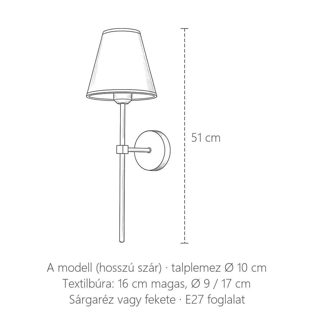 Hosszú szárú textilbúrás fali lámpa méretei: 51 cm magas