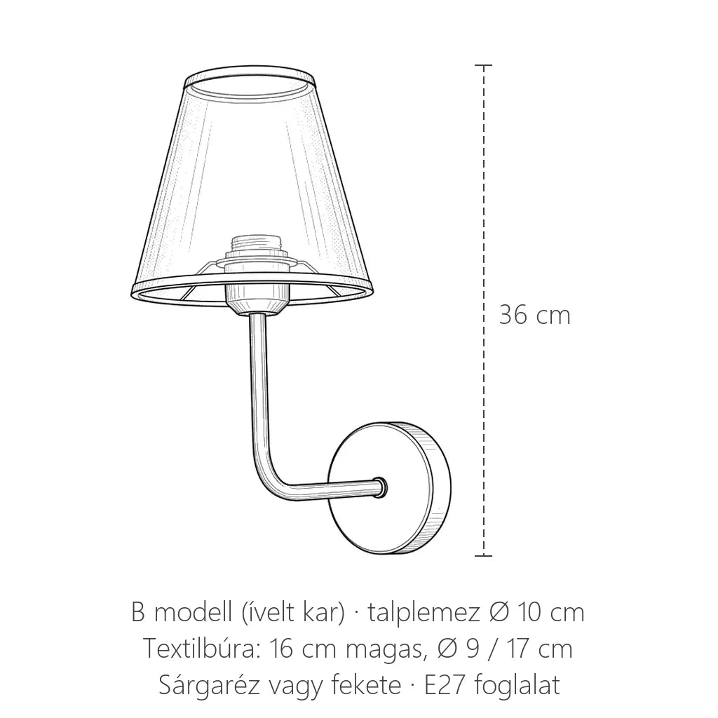 Ívelt karú textilbúrás fali lámpa méretei: 36 cm magas