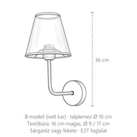 Ívelt karú textilbúrás fali lámpa méretei: 36 cm magas