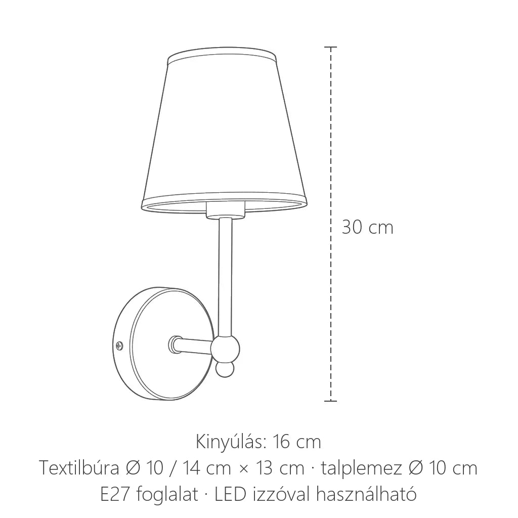 Textilbúrás retró fali lámpa méretei: 30 cm magas, 16 cm kinyúlás