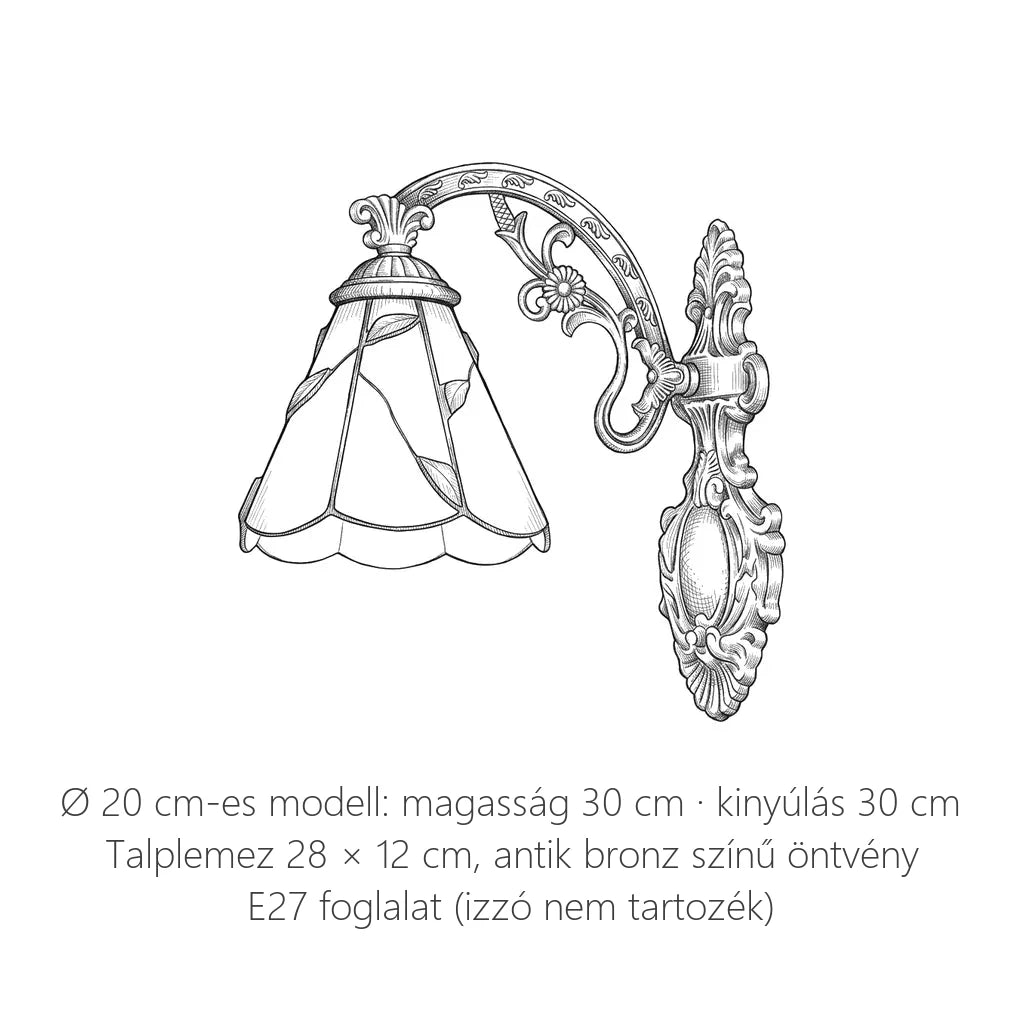 Tiffany fali lámpa méretei: Ø 20 cm-es modell, 30 cm magas, 30 cm kinyúlás