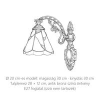 Tiffany fali lámpa méretei: Ø 20 cm-es modell, 30 cm magas, 30 cm kinyúlás