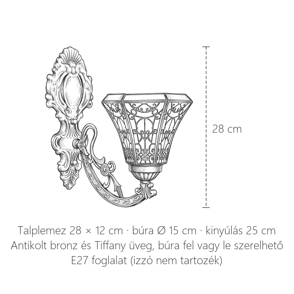 Rózsaszín Tiffany fali lámpa méretei: 28 cm magas, búra Ø 15 cm