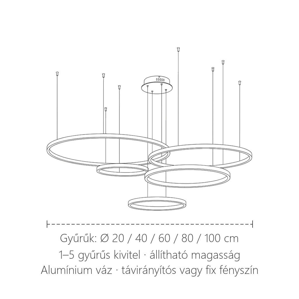 Többgyűrűs LED csillár méretei: Ø 20–100 cm gyűrűk