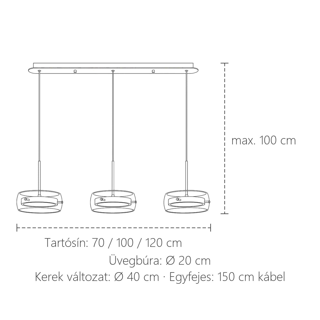 Többfejes LED csillár méretei: 70, 100 és 120 cm tartósín, Ø 20 cm búra