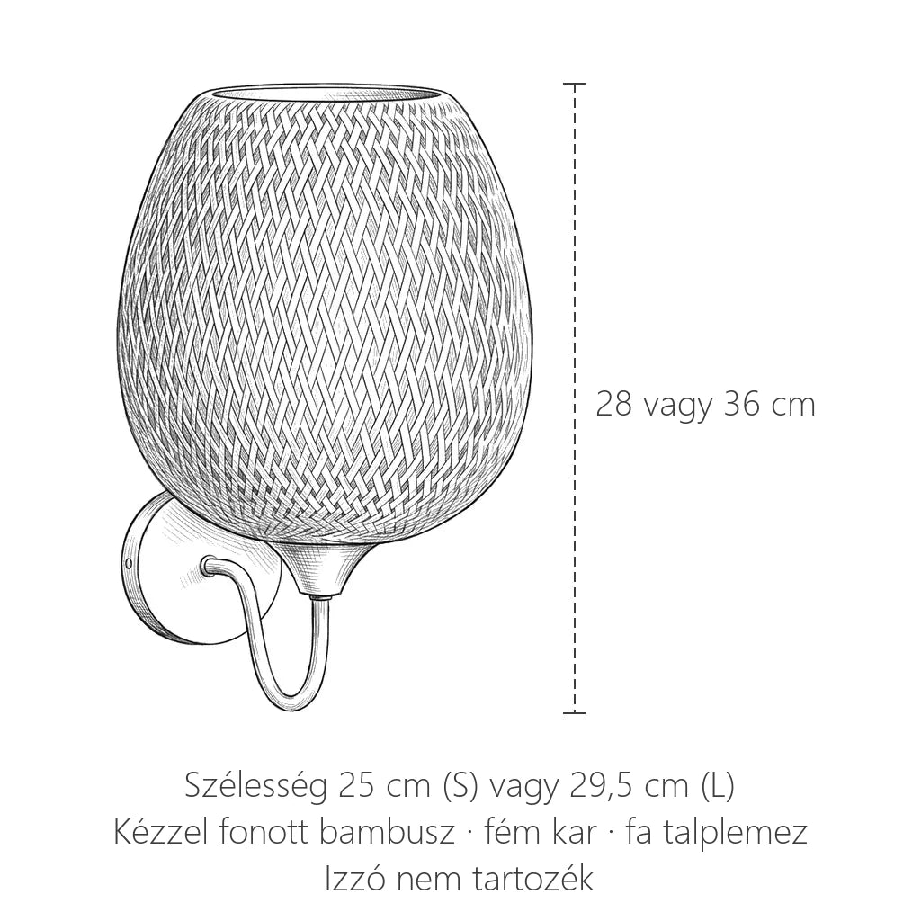 Tojás alakú fonott bambusz fali lámpa méretei: 28 vagy 36 cm magas