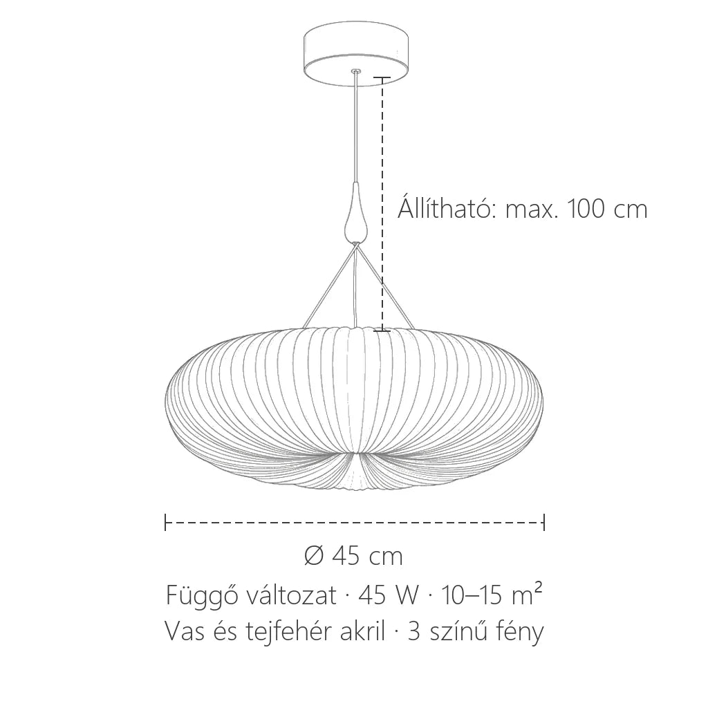 Tök alakú függőlámpa méretei: Ø 45 cm, max. 100 cm zsinór