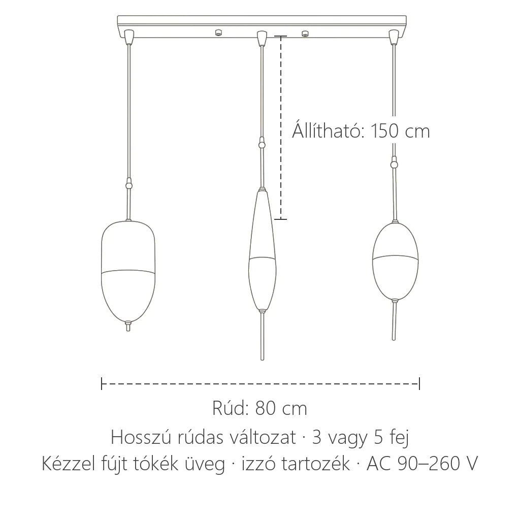 Tókék üveg függőlámpa méretei modellenként