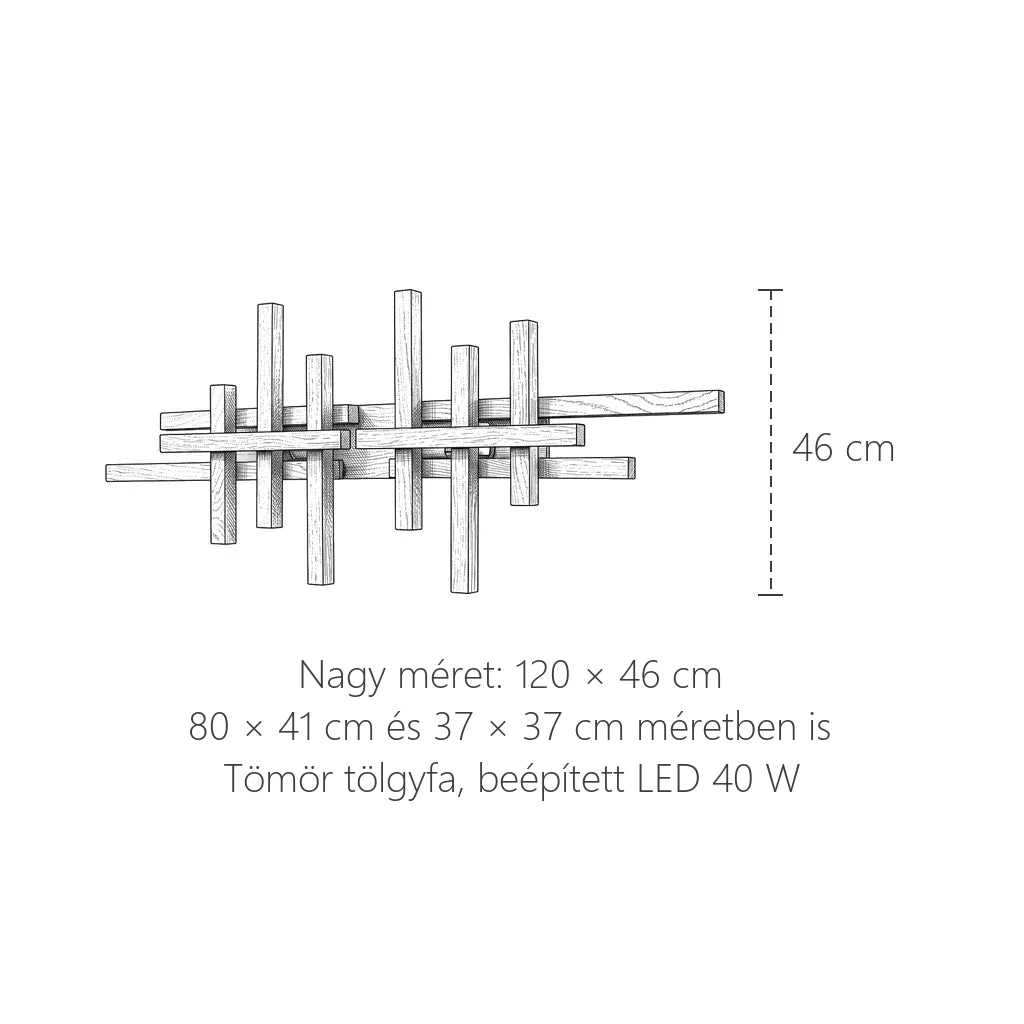 A tölgyfa léces LED fali lámpa méretei: 120 × 46 cm