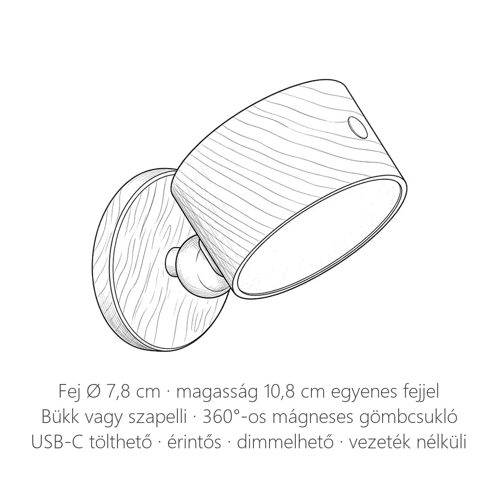 Tölthető fa spot fali lámpa méretei: fej Ø 7,8 cm, 10,8 cm magas