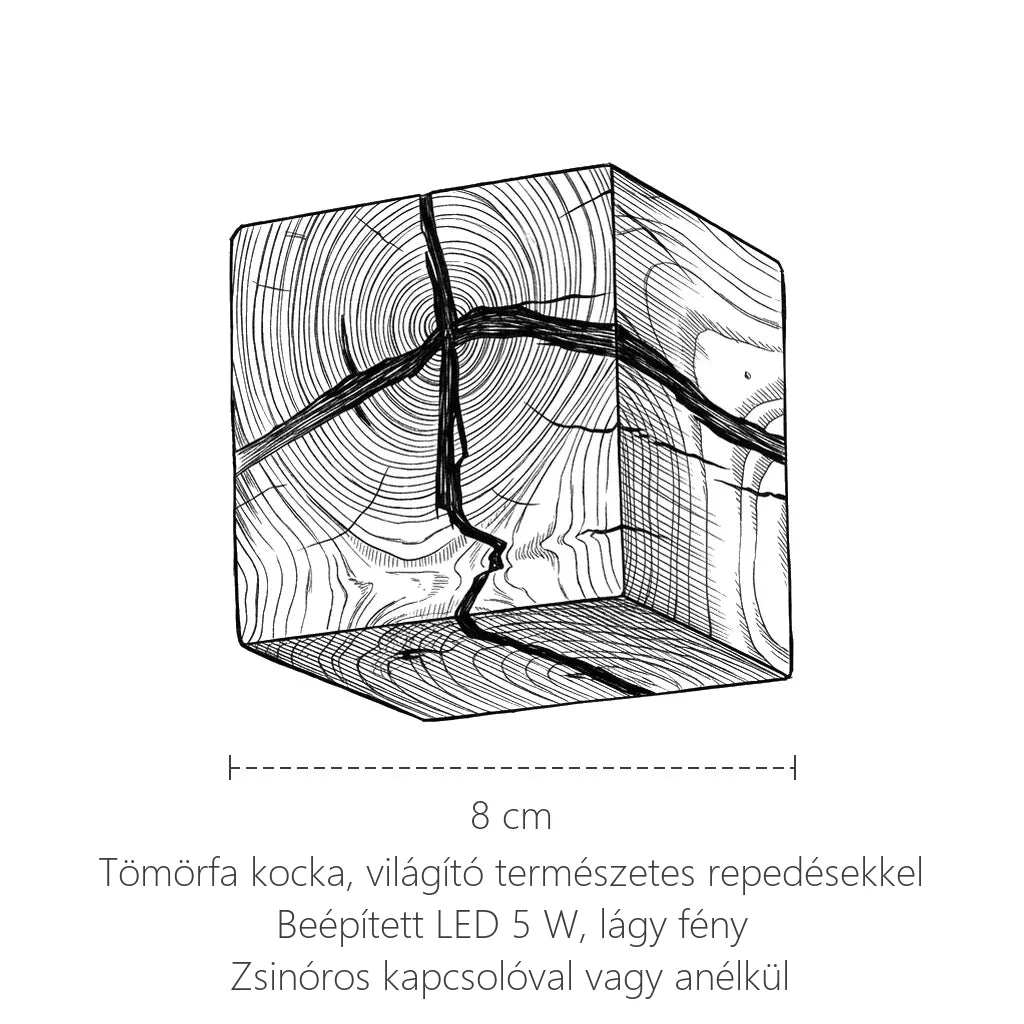 A tömörfa kocka LED fali lámpa méretei: 8 cm