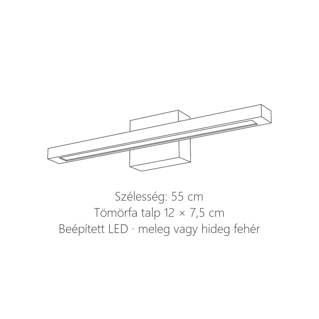 Tömörfa LED tükörlámpa méretei: 55 cm széles, talp 12 × 7,5 cm