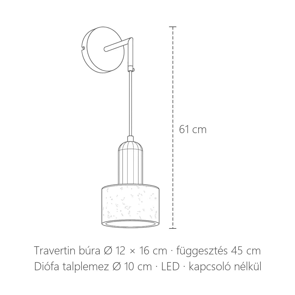 Travertin és dió függő fali lámpa méretei: 61 cm magas, búra Ø 12 × 16 cm