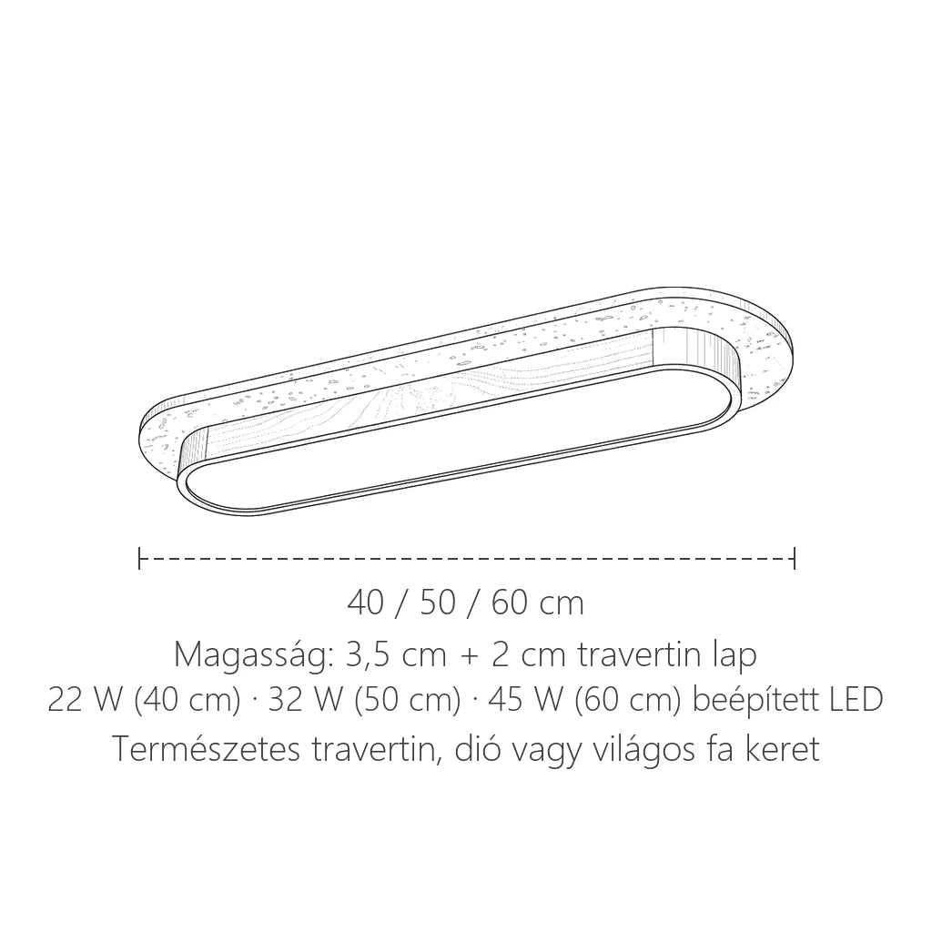 Travertin LED lámpa méretei: 40 / 50 / 60 cm hosszú, 10 cm széles