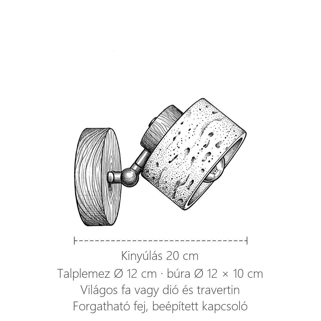 Travertin és fa olvasólámpa méretei: kinyúlás 20 cm, búra Ø 12 cm