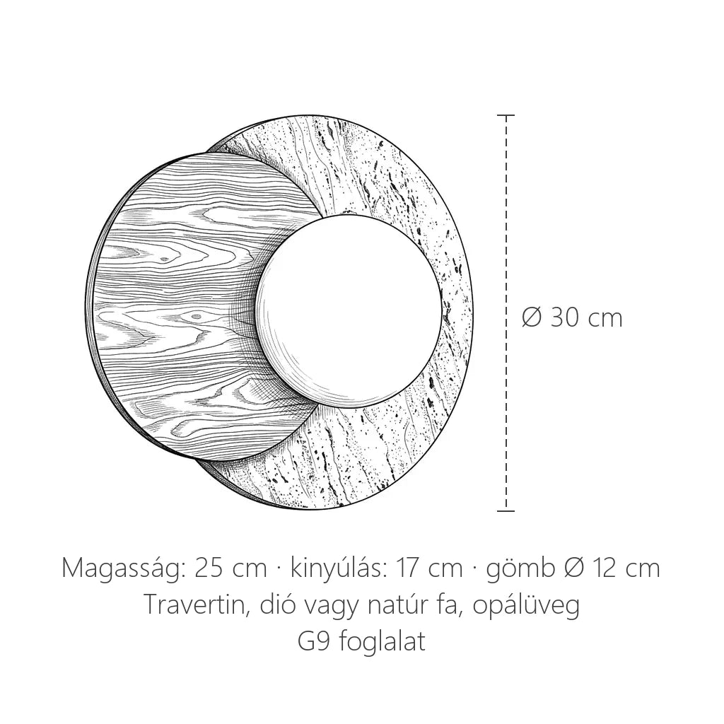 Travertin és fa fali lámpa opálgömbbel, méretek: Ø 30 cm, 25 cm magas