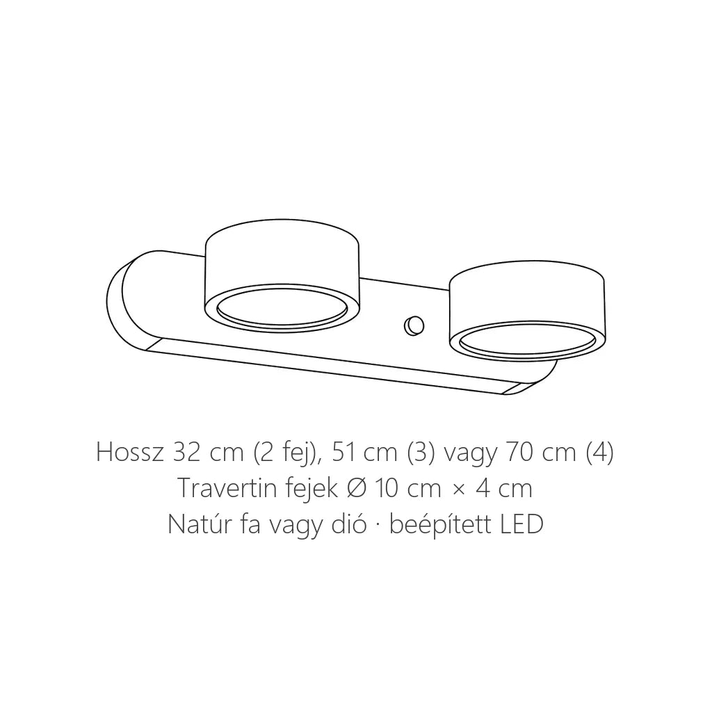 Travertin fejes fa fali lámpa méretei: 32, 51 vagy 70 cm hosszú, fejek Ø 10 cm