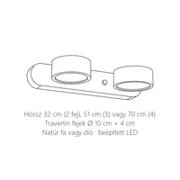 Travertin fejes fa fali lámpa méretei: 32, 51 vagy 70 cm hosszú, fejek Ø 10 cm