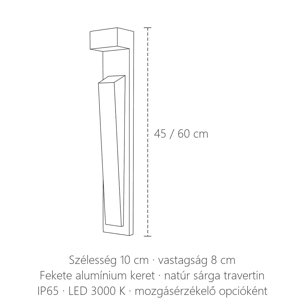 Travertin kültéri fali lámpa méretei: 45 vagy 60 cm magas, 10 cm széles