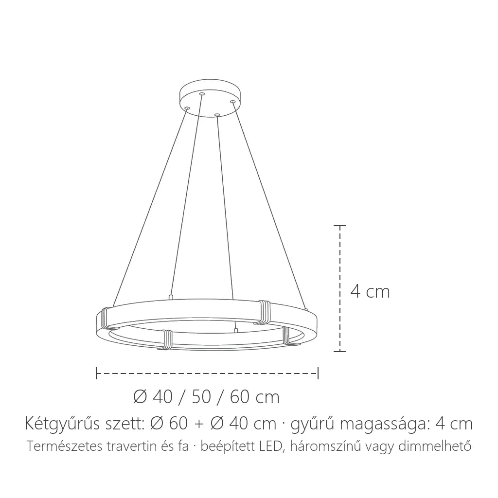 Travertin gyűrű függőlámpa méretei: Ø 40, 50 vagy 60 cm