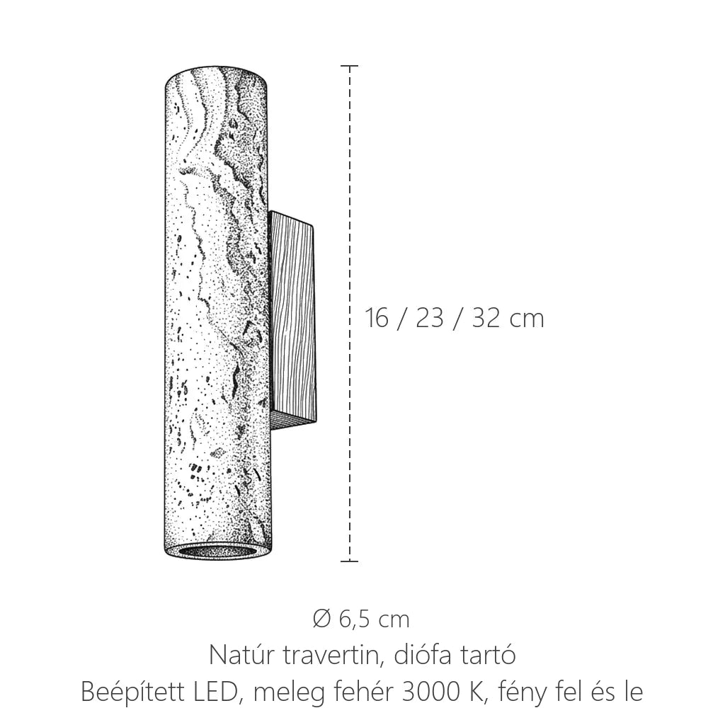 Travertin henger LED fali lámpa méretei: 16, 23 vagy 32 cm magas, Ø 6,5 cm