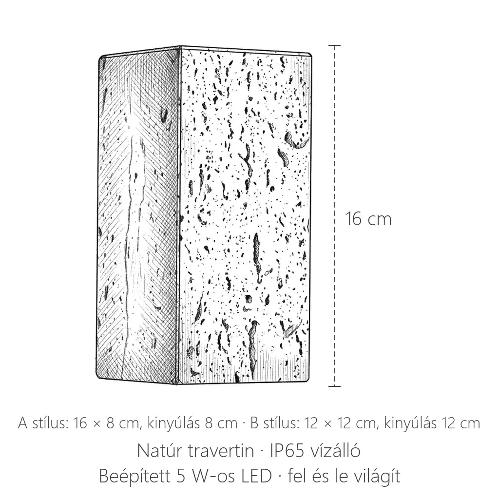 IP65 travertin fali lámpa méretei: 16 × 8 cm vagy 12 × 12 cm