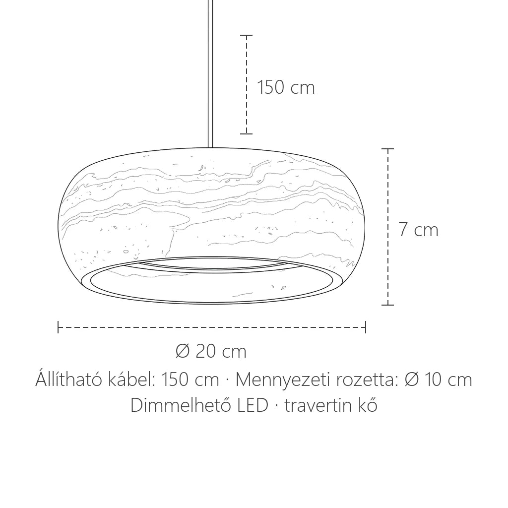 Travertin korong függő lámpa méretei: Ø 20 cm, 7 cm magas