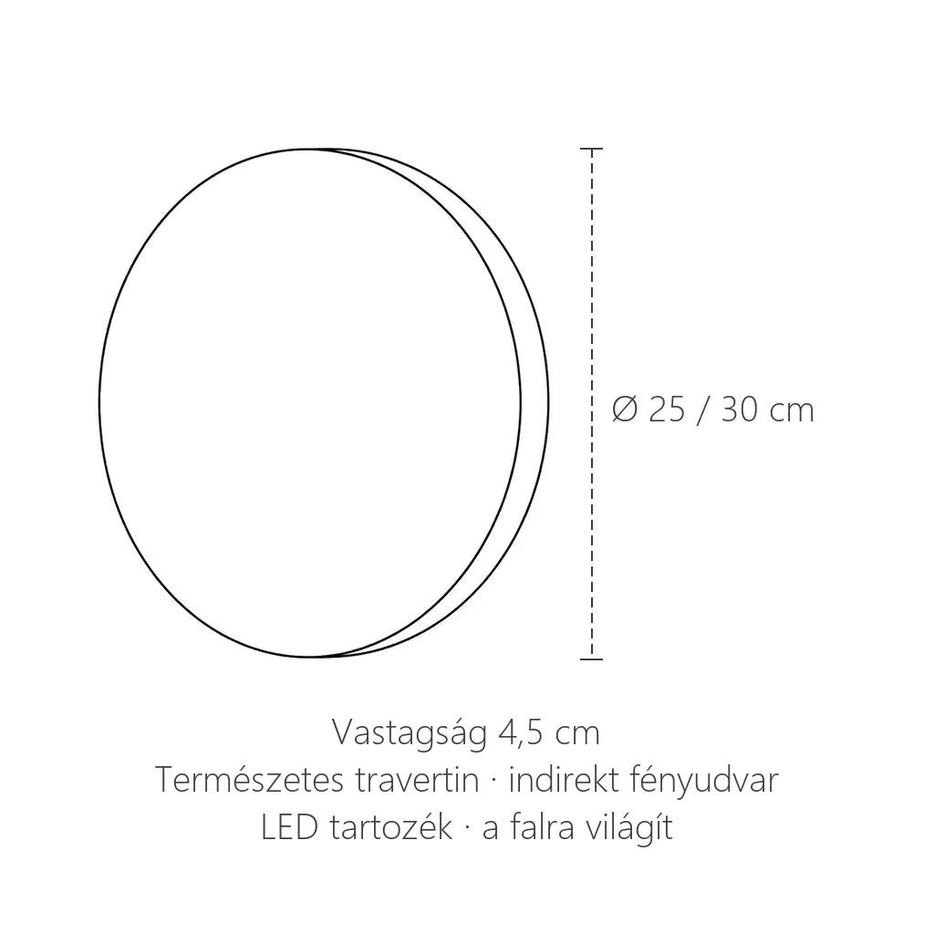 Travertin korong LED fali lámpa méretei: Ø 25 vagy 30 cm, vastagság 4,5 cm