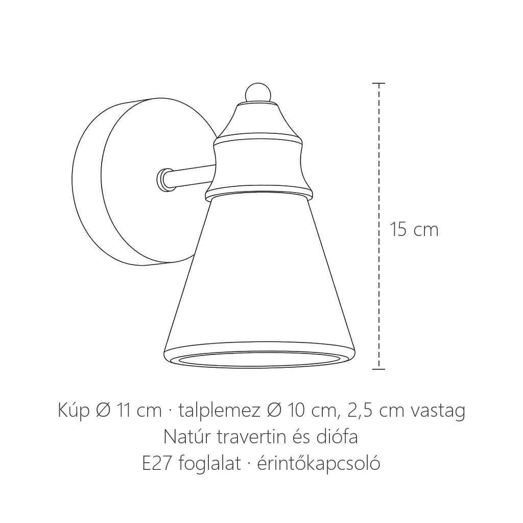 Travertin kúp fali lámpa méretei: 15 cm magas, kúp Ø 11 cm