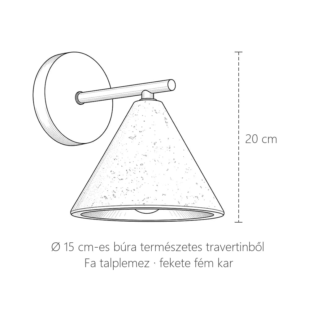 Travertin kúp fali lámpa méretei: 20 cm magas, búra Ø 15 cm