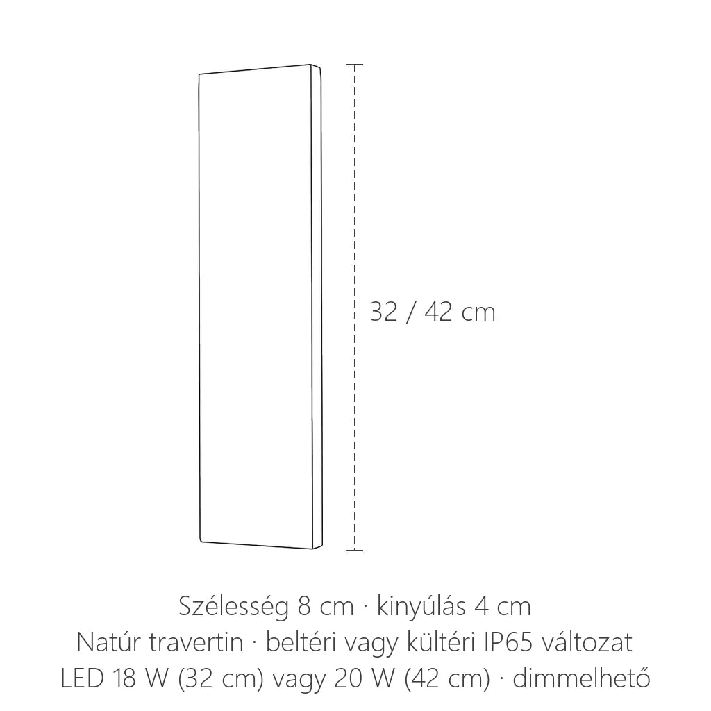 Travertin lap LED fali lámpa méretei: 32 vagy 42 cm magas, 8 cm széles