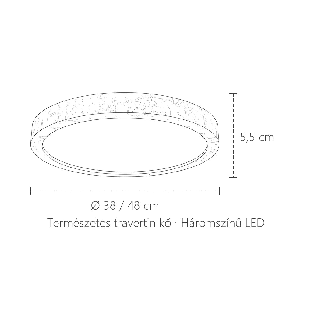 Travertin kő mennyezeti lámpa méretei: Ø 38 vagy 48 cm, 5,5 cm magas