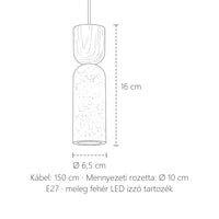 Travertin mini függő lámpa méretei: Ø 6,5 cm, 16 cm magas, 150 cm kábel