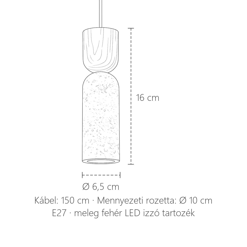 Travertin mini függő lámpa méretei: Ø 6,5 cm, 16 cm magas, 150 cm kábel