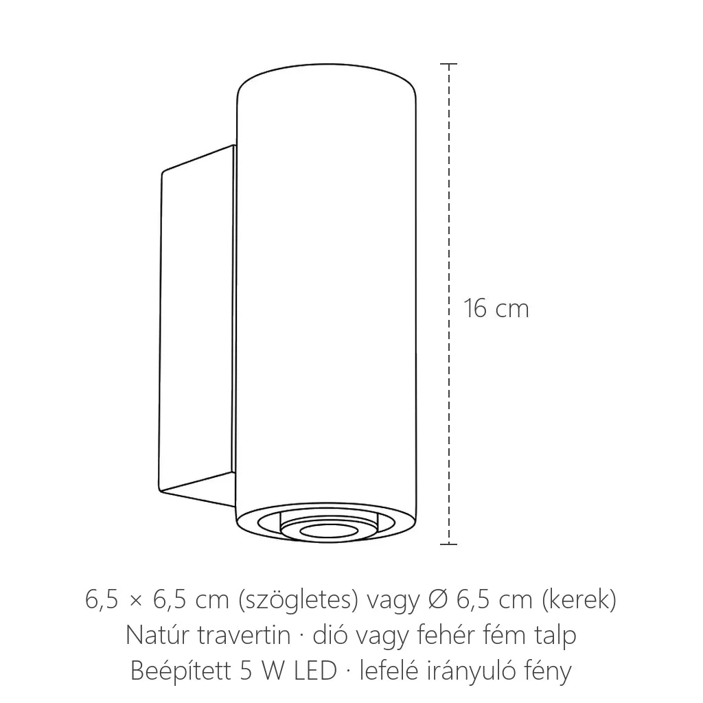 Travertin oszlop LED fali lámpa méretei: 16 cm magas, 6,5 cm keresztmetszet