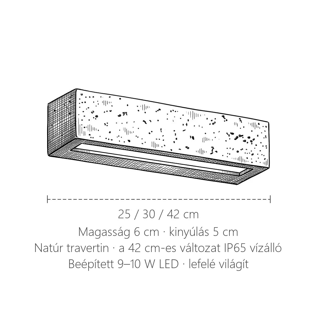 Travertin rúd LED fali lámpa méretei: 25, 30 vagy 42 cm hosszú, 6 cm magas