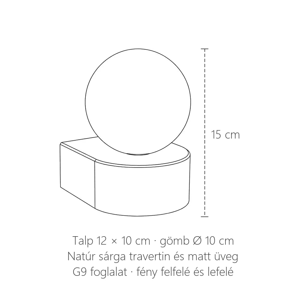 Travertin talpas üveggömb fali lámpa méretei: 15 cm magas, talp 12 × 10 cm, gömb Ø 10 cm