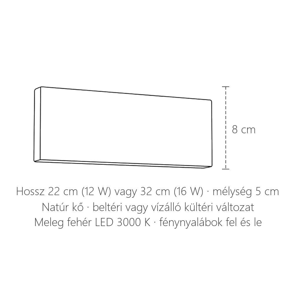 Travertin tégla LED fali lámpa méretei: 22 vagy 32 cm hosszú, 8 cm magas