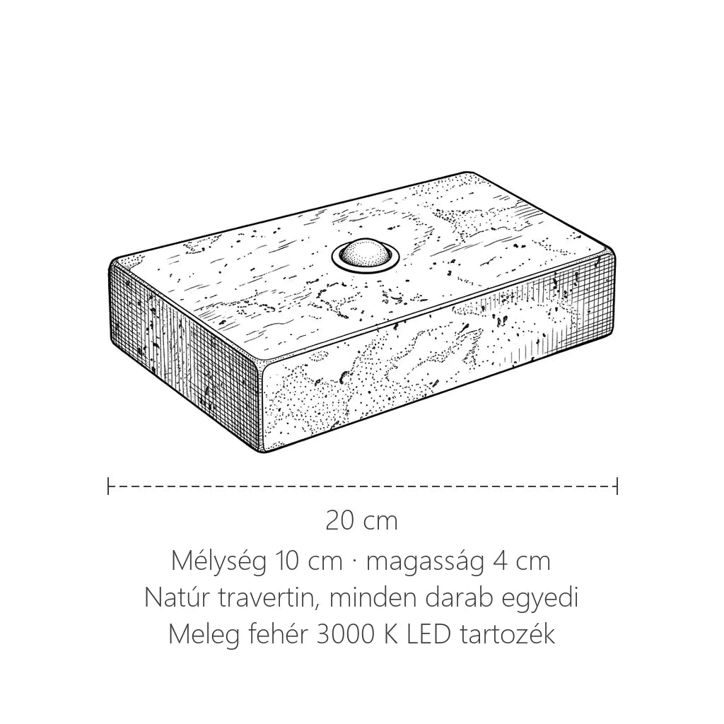 Travertin tömb LED fali lámpa méretei: 20 × 10 × 4 cm