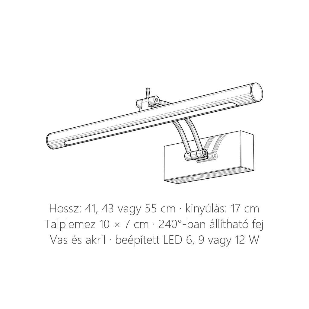 A tükör- és képvilágító lámpa méretei: hossz 41, 43 vagy 55 cm, kinyúlás 17 cm