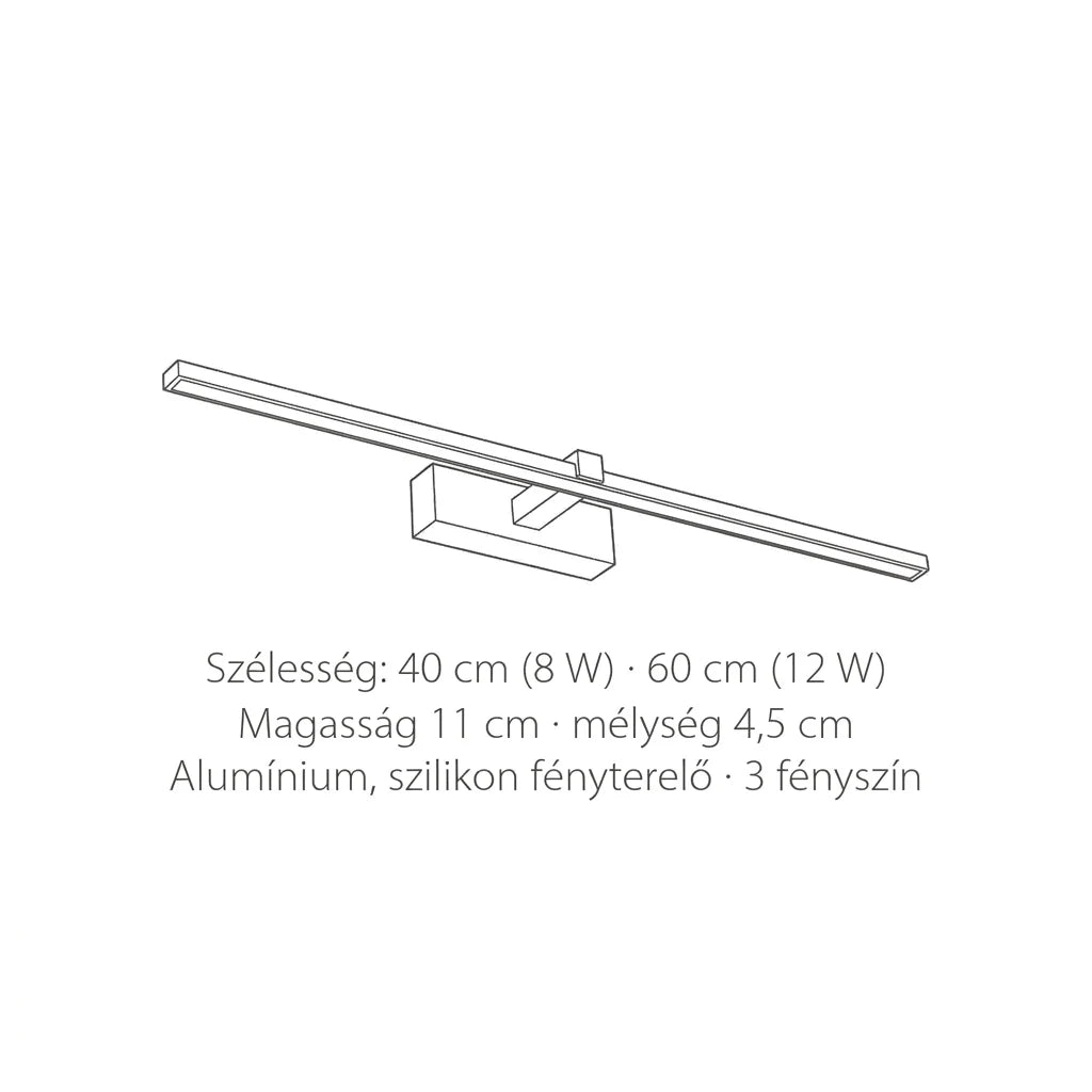 A tükör feletti LED fali lámpa méretei: 40 vagy 60 cm széles, 11 cm magas