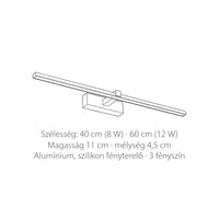 A tükör feletti LED fali lámpa méretei: 40 vagy 60 cm széles, 11 cm magas