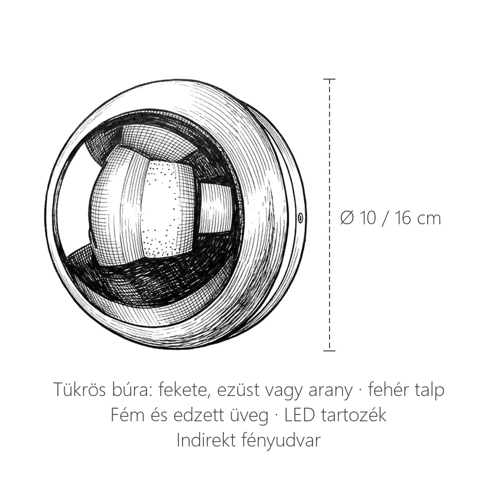 Tükrös félgömb LED fali lámpa méretei: Ø 10 vagy 16 cm