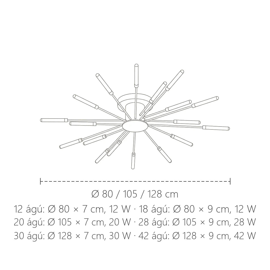 Spirál LED csillár méretei: Ø 80 / 105 / 128 cm, 7–9 cm magas