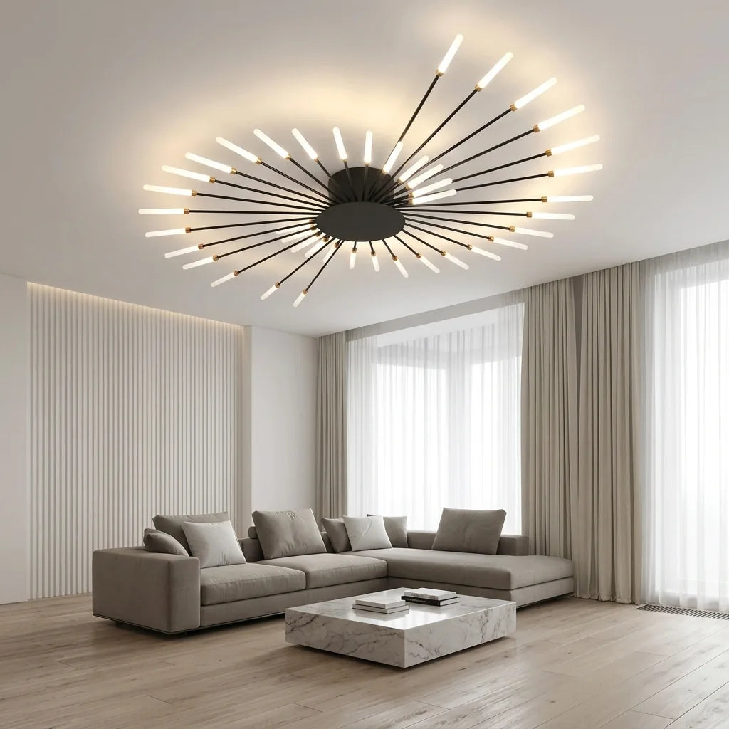 Fekete spirál LED csillár modern nappaliban