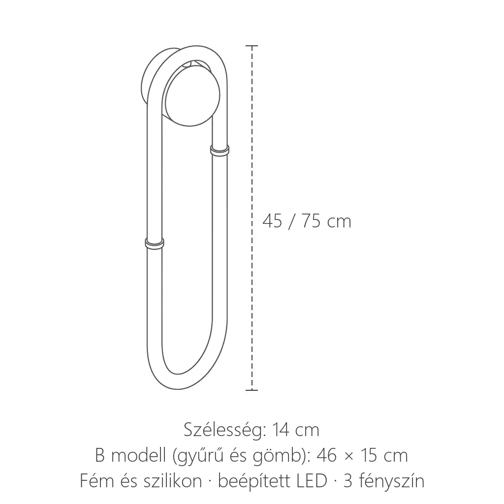 Az U alakú LED fali lámpa méretei: magasság 45 vagy 75 cm, szélesség 14 cm