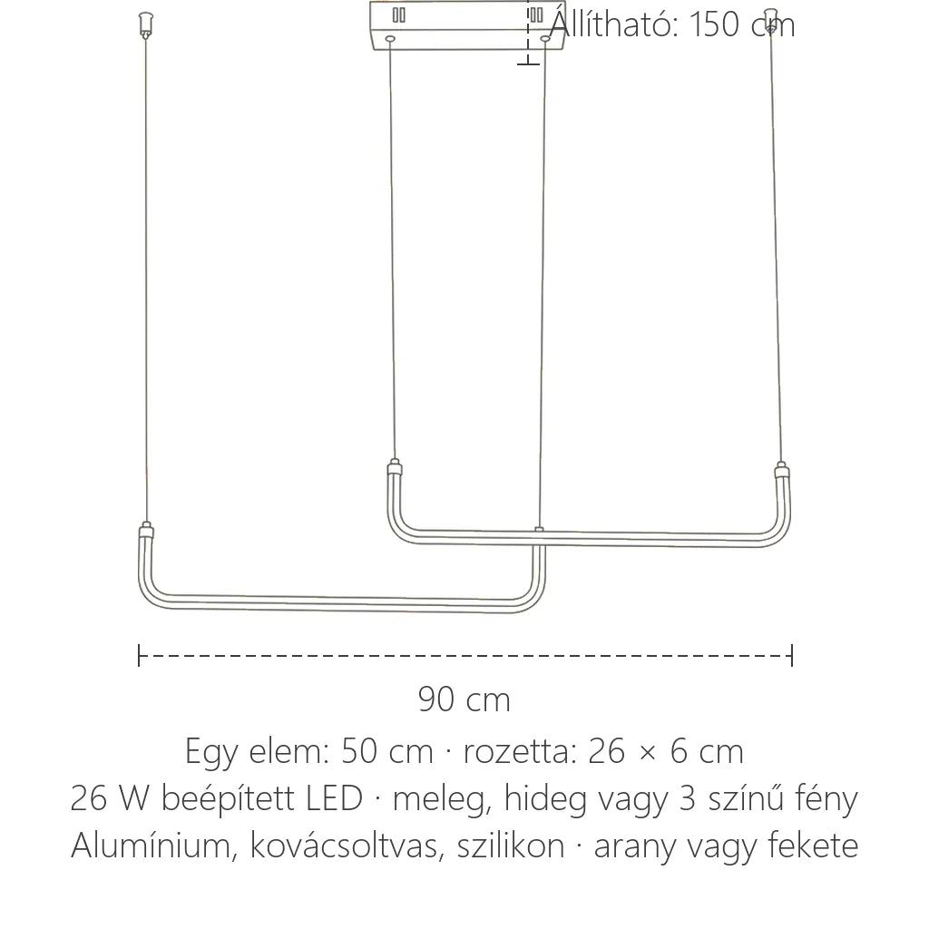 U alakú LED lámpa méretei: 90 cm hosszú, 150 cm függesztés