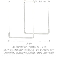 U alakú LED lámpa méretei: 90 cm hosszú, 150 cm függesztés