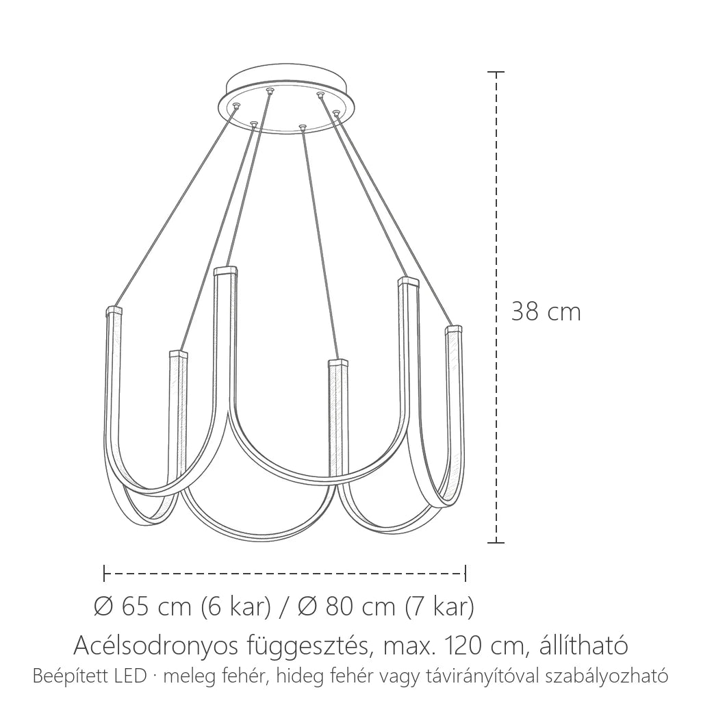 U-karos LED csillár méretei: Ø 65 / 80 cm, 38 cm magas