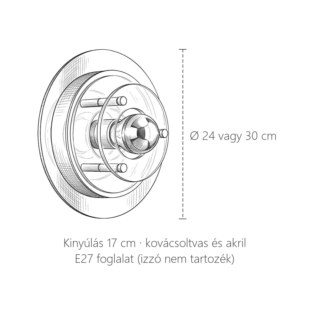 UFO Bauhaus fali lámpa méretei: Ø 24 vagy 30 cm, kinyúlás 17 cm